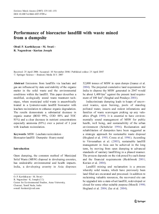(PDF) Performance of bioreactor landfill with waste mined from a dumpsite