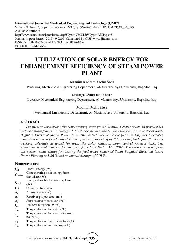 (PDF) UTILIZATION OF SOLAR ENERGY FOR ENHANCEMENT EFFICIENCY OF STEAM