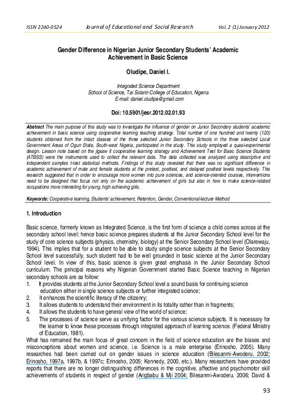 (PDF) Gender Difference in Nigerian Junior Secondary Students' Academic ...