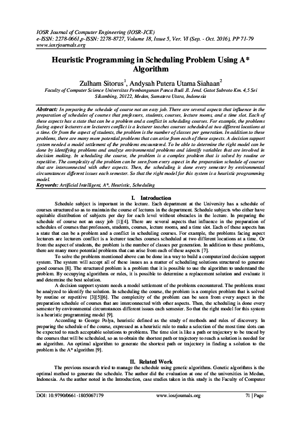 Heuristic Programming in Scheduling Problem Using A* Algorithm