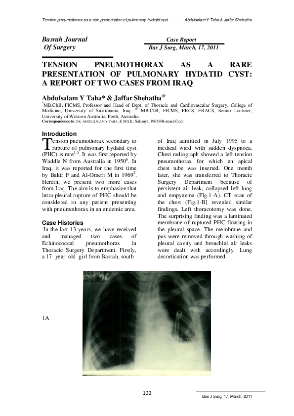 Pdf Basrah Journal Tension Pneumothorax As A Rare Presentation Of Pulmonary Hydatid Cyst A Report Of Two Cases From Iraq J Shehatha Academia Edu