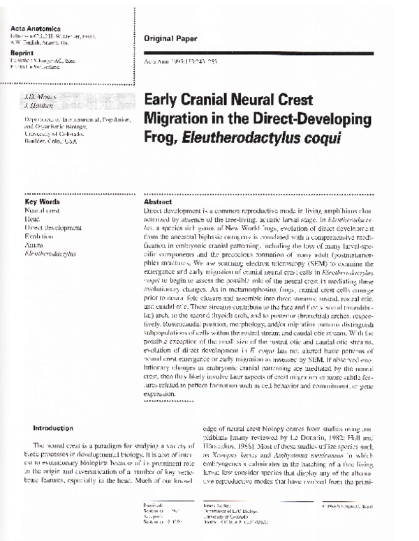 (PDF) Early Cranial Neural Crest Migration in the Direct-Developing ...