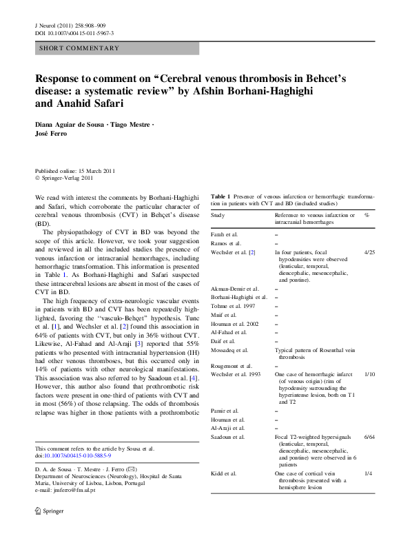 Pdf Response To Comment On Cerebral Venous Thrombosis In Behcet S Disease A Systematic Review By Afshin Borhani Haghighi And Anahid Safari Tiago Mestre Academia Edu