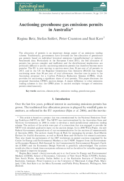 (PDF) Auctioning Greenhouse Gas Emissions Permits in Australia