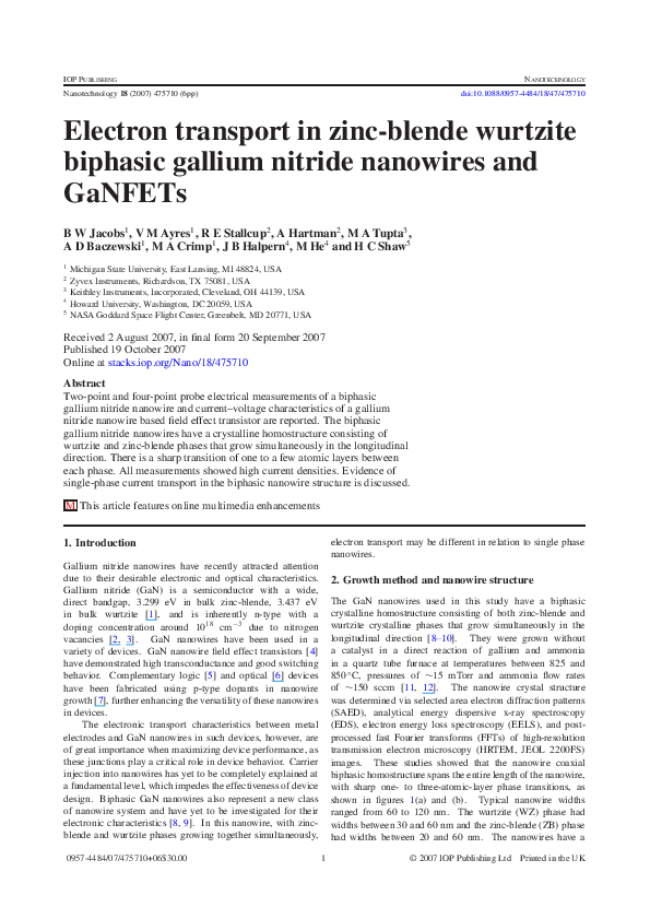 (PDF) Electron transport in zincblende wurtzite biphasic gallium