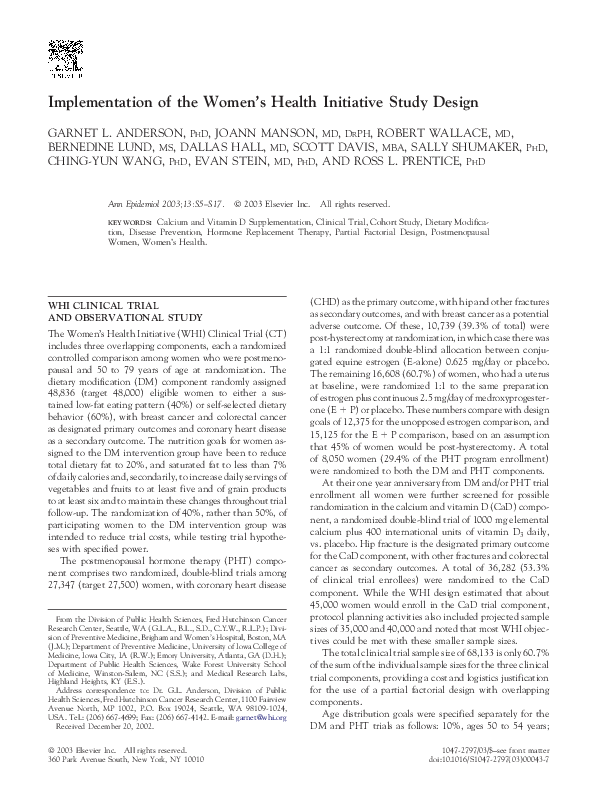 (PDF) Implementation of the women's health initiative study design
