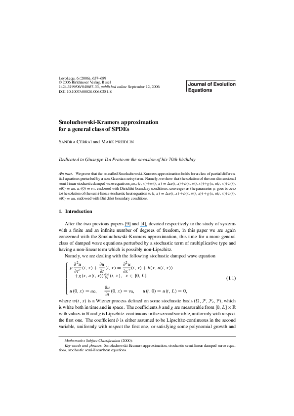 (PDF) Smoluchowski-Kramers approximation for a general class of SPDEs
