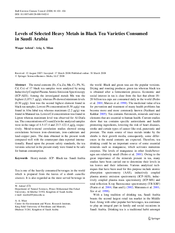 (PDF) Levels of Selected Heavy Metals in Black Tea Varieties Consumed