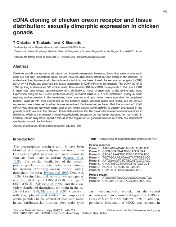 (PDF) cDNA cloning of chicken orexin receptor and tIssue distribution ...