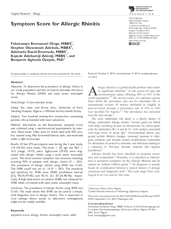 (PDF) Symptom Score for Allergic Rhinitis