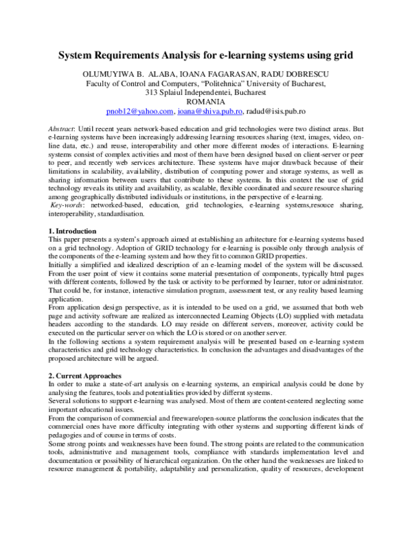 (PDF) System Requirements Analysis for e-learning systems using grid