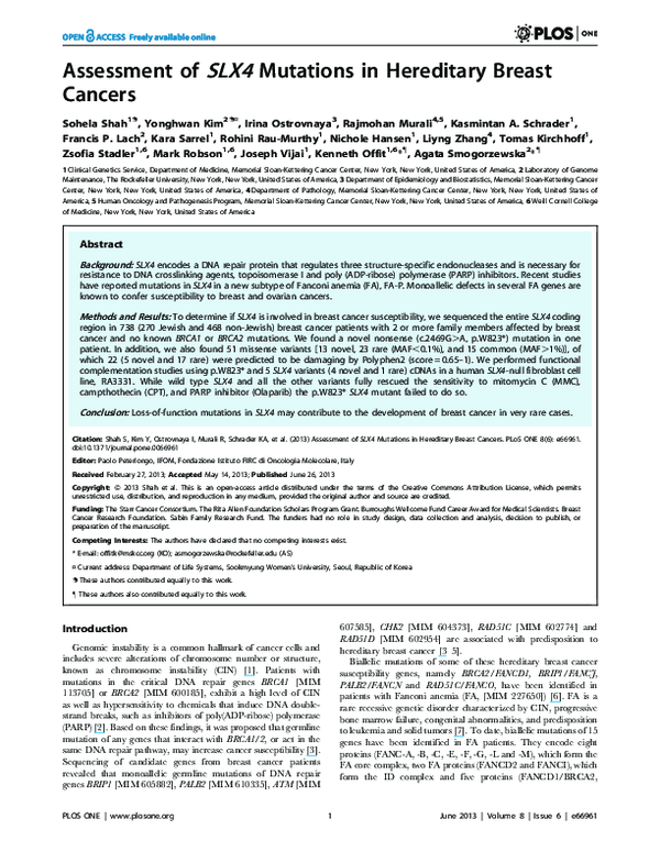 (PDF) Assessment of SLX4 Mutations in Hereditary Breast Cancers