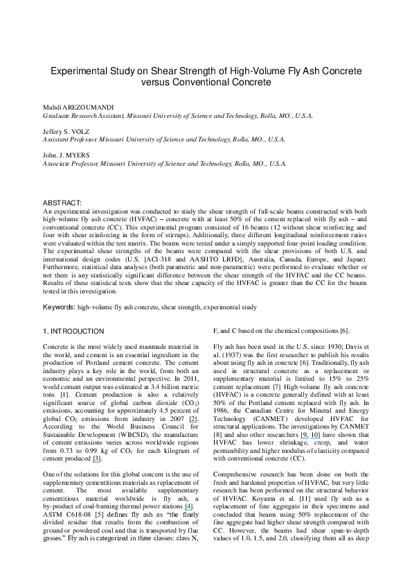 (PDF) Experimental Study on Shear Strength of High-Volume Fly Ash ...