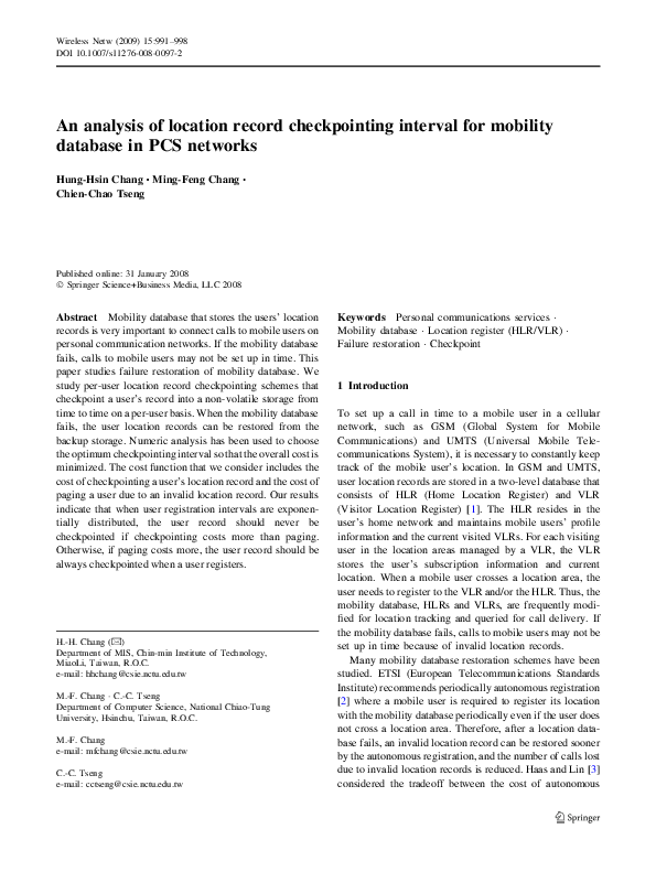 (PDF) An analysis of location record checkpointing interval for ...