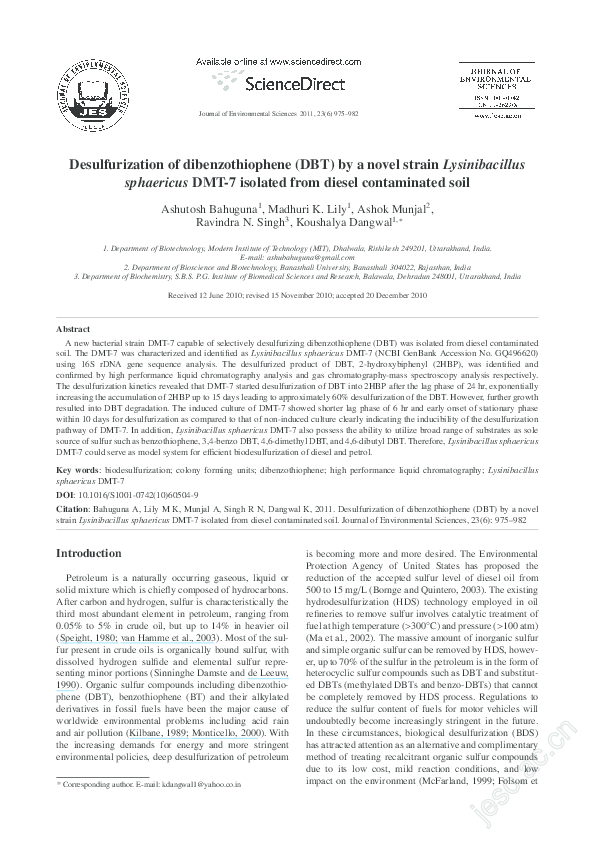 (PDF) Desulfurization of dibenzothiophene (DBT) by a novel strain ...