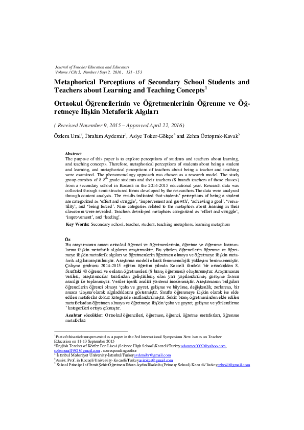 (PDF) Metaphorical Perceptions of Secondary School Students and ...