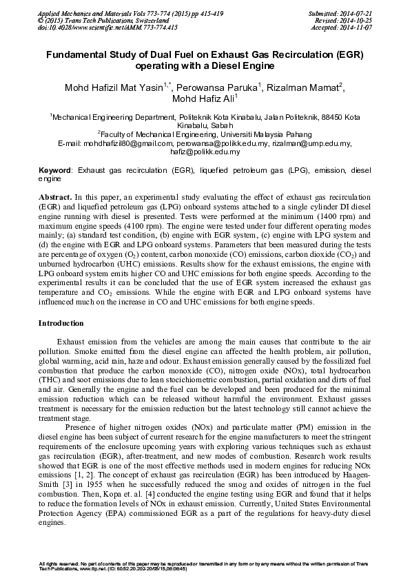 (PDF) Fundamental Study of Dual Fuel on Exhaust Gas Recirculation (EGR) Operating with a Diesel