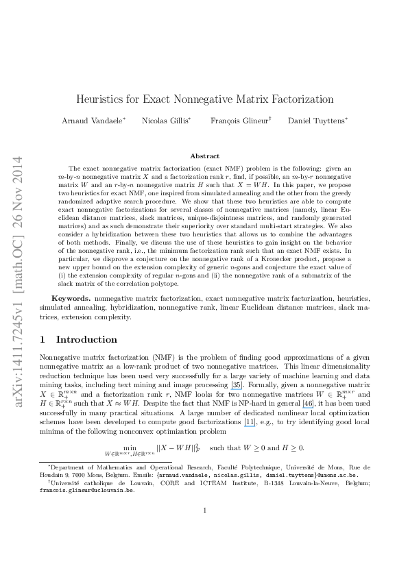 (PDF) Heuristics for exact nonnegative matrix factorization