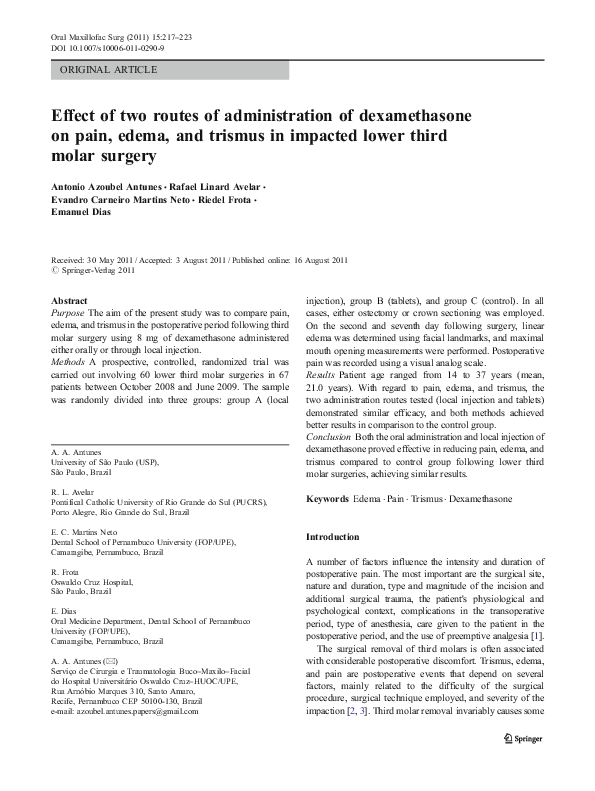 (PDF) Effect of two routes of administration of dexamethasone on pain ...