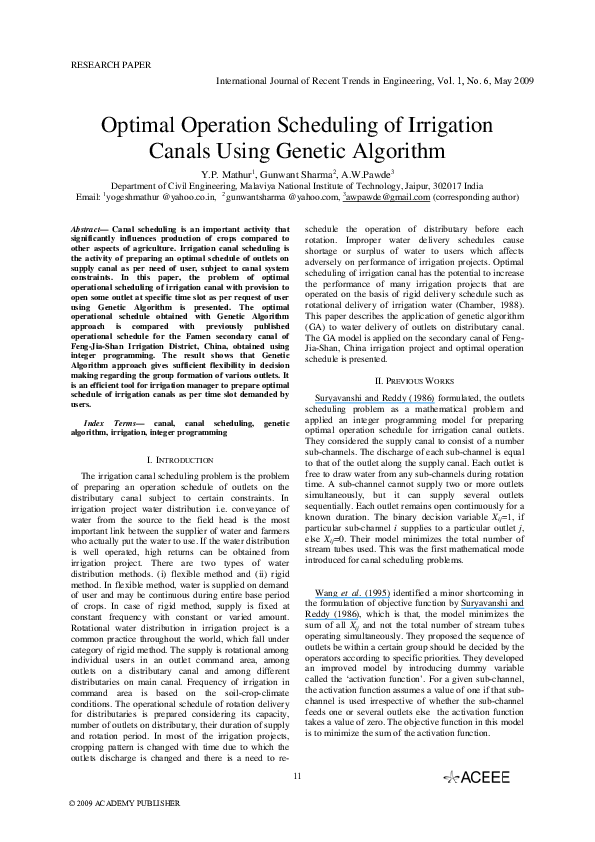 (PDF) Optimal Operation Scheduling of Irrigation Canals Using Genetic ...