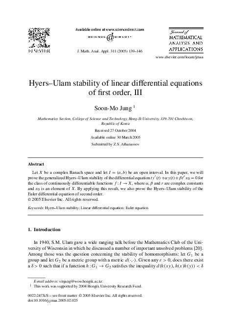 (PDF) Hyers–Ulam stability of linear differential equations of first ...