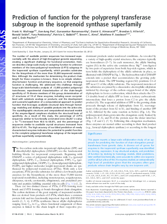 (PDF) Prediction of function for the polyprenyl transferase subgroup in ...