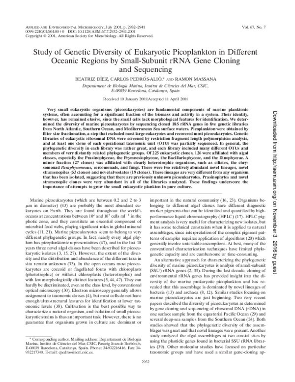 (PDF) Study of Genetic Diversity of Eukaryotic Picoplankton in ...
