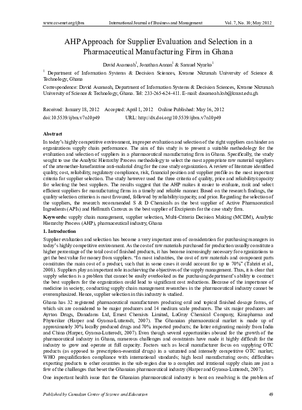 (PDF) AHP Approach for Supplier Evaluation and Selection in a ...