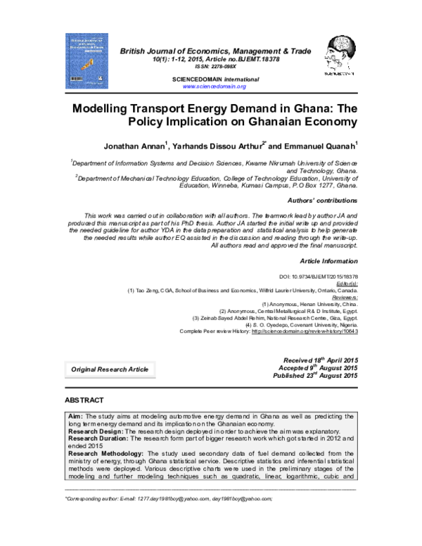(PDF) Modelling Transport Energy Demand in Ghana The Policy