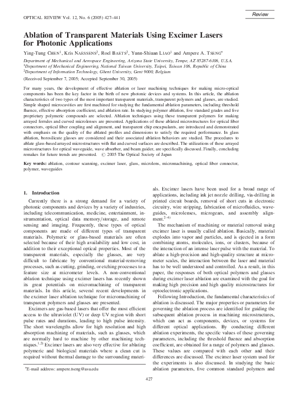 (PDF) Ablation of Transparent Materials Using Excimer Lasers for