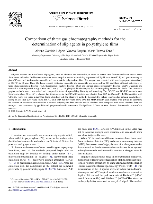 (PDF) Comparison of three gas chromatography methods for the