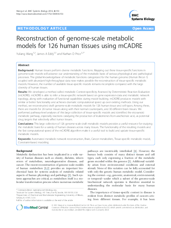(PDF) Reconstruction of genome-scale metabolic models for 126 human ...