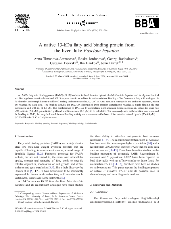 (PDF) A native 13-kDa fatty acid binding protein from the liver fluke ...