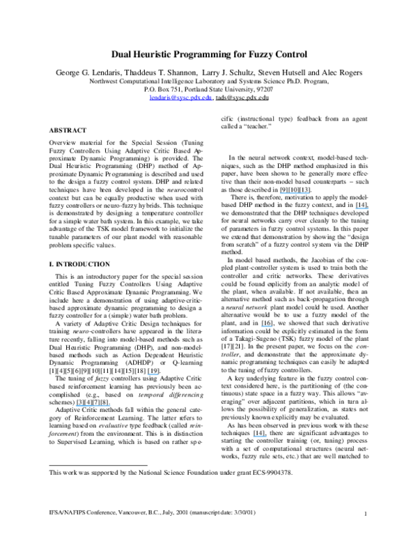 (PDF) Dual heuristic programming for fuzzy control