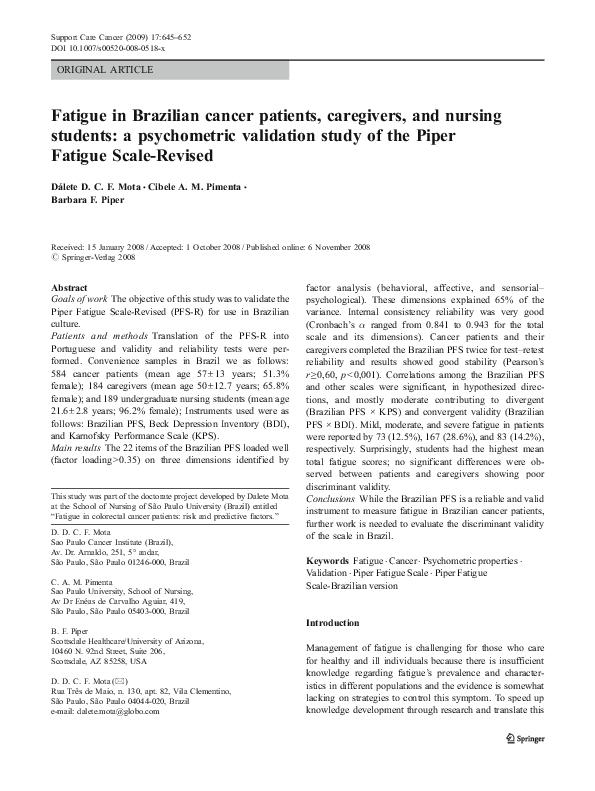 (PDF) Fatigue in Brazilian cancer patients, caregivers, and nursing ...