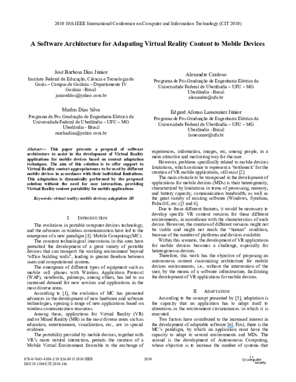 (PDF) A Software Architecture for Adapating Virtual Reality Content to ...