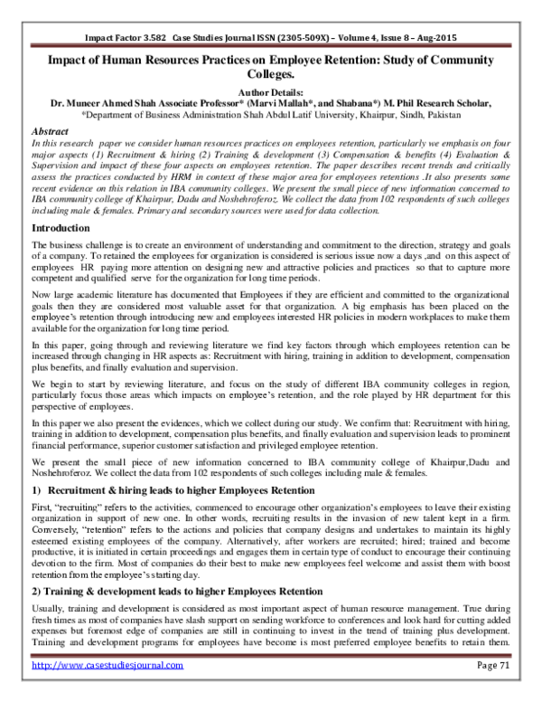 (PDF) Impact of Human Resources Practices on Employee Retention: Study ...