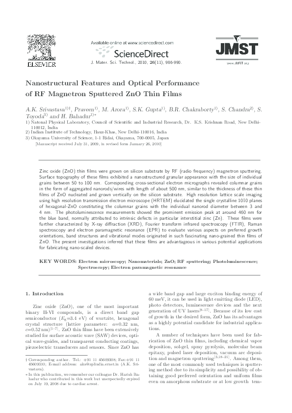Pdf Nanostructural Features And Optical Performance Of Rf Magnetron Sputtered Zno Thin Films Praveen Tanwar Academia Edu