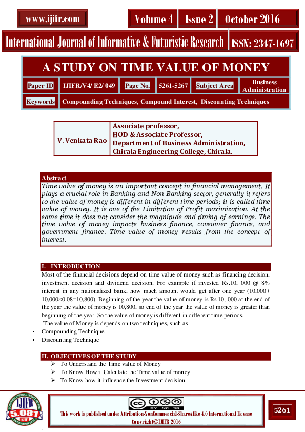 (PDF) A STUDY ON TIME VALUE OF MONEY (IJIFRV4E2049) ijifr journal