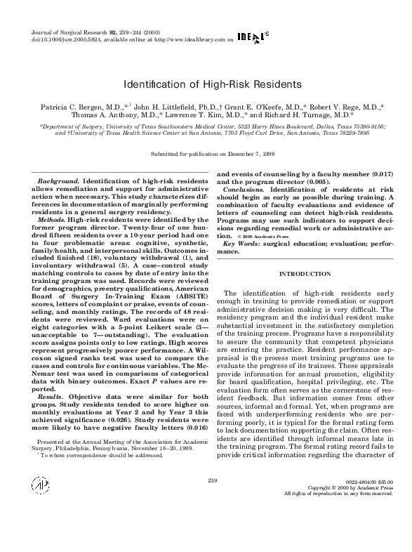 (PDF) Identification of High-Risk Residents