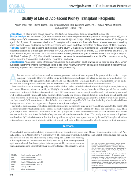 (PDF) Quality of Life of Adolescent Kidney Transplant Recipients