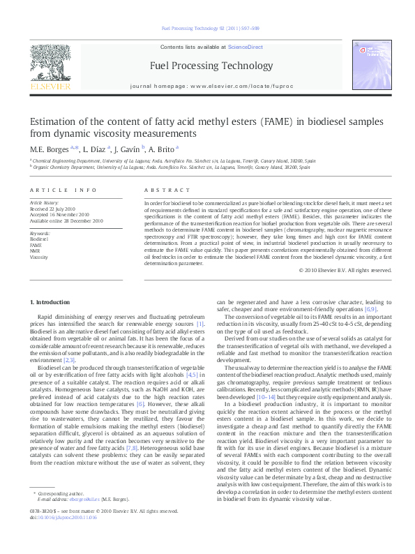(PDF) Estimation of the content of fatty acid methyl esters (FAME) in