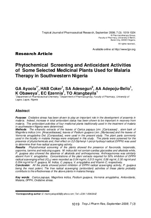 (PDF) Phytochemical Screening and Antioxidant Activities of Some ...