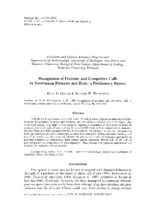 (PDF) Recognition of Predator and Competitor Calls in Nonhuman Primates