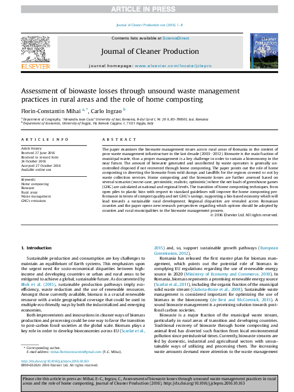First page of “Assessment of biowaste losses through unsound waste management practices in rural areas and the role of home composting”