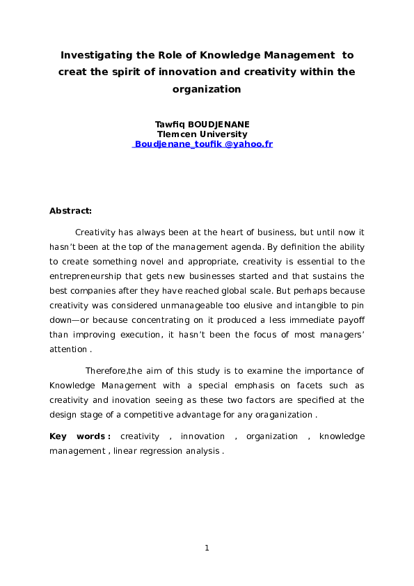 (DOC) Investigating the Role of Knowledge Management to creat the ...