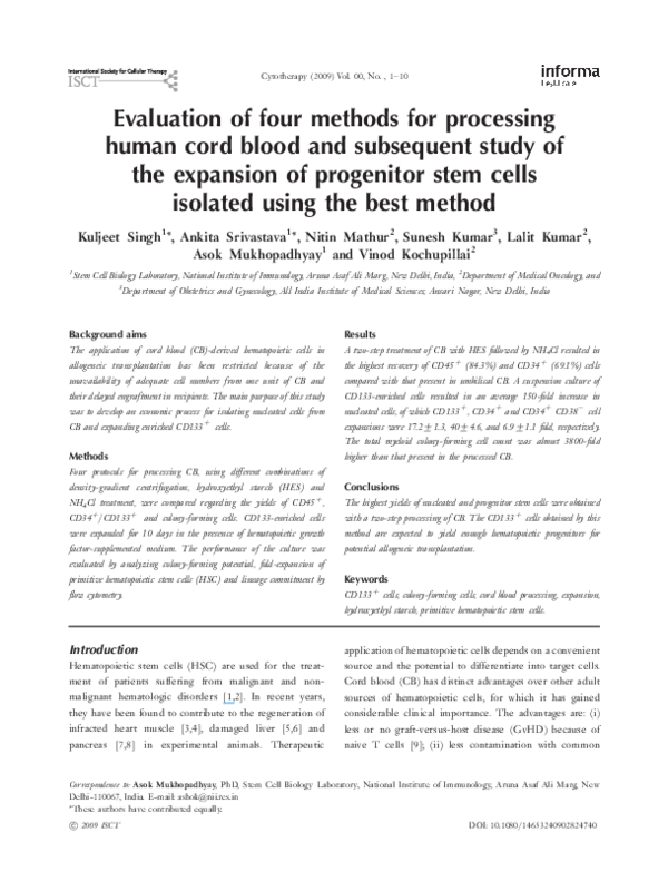 (PDF) Evaluation of four methods for processing human cord blood and ...