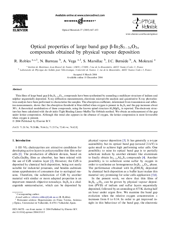 (PDF) Optical properties of large band gap β-In2S3−3xO3x compounds ...