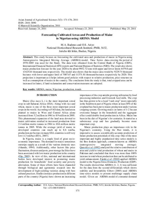 (PDF) Forecasting Cultivation Area and Production of Maize in Nigeria ...