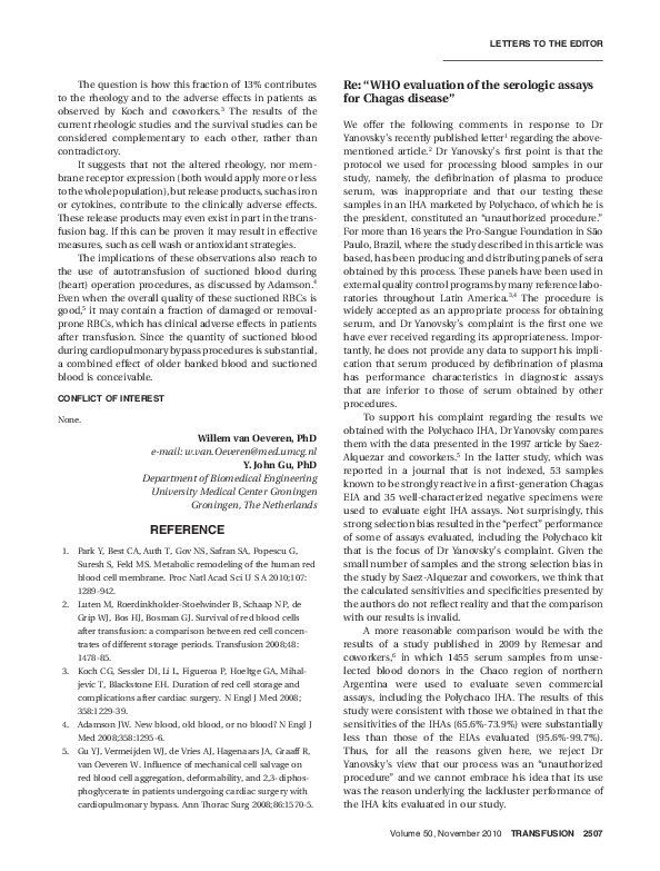 (PDF) Re: "WHO evaluation of the serologic assays for Chagas disease
